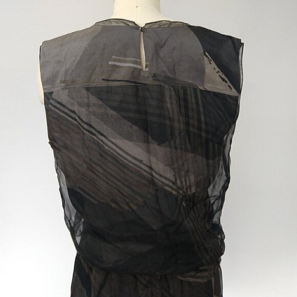 Reed Krakoff Gray Silk Dress Size 8 Blouson Chiffon Overlay Print Asymmetric - Picture 11 of 16